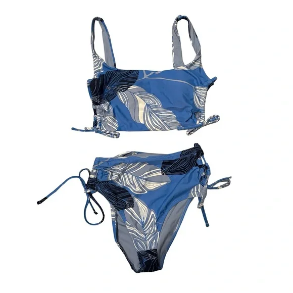 Aerie Blue Leaf Pattern Lace Up Bikini, Top XS, Bottom Sm - Picture 6 of 12